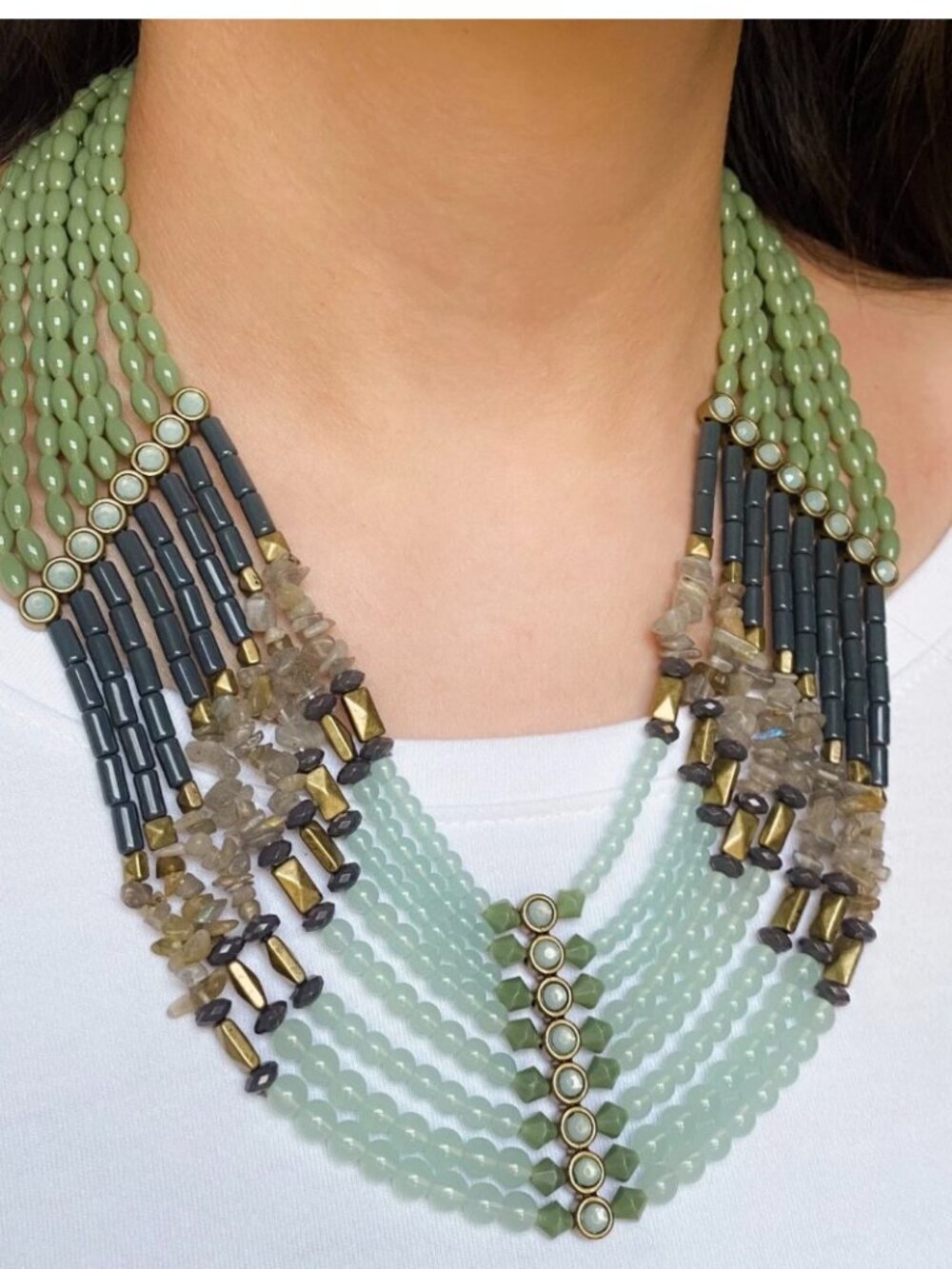 Lia Sophia Necklace 8 Strand 19" Labradorite Resin Beads Faux Pearl Goddess